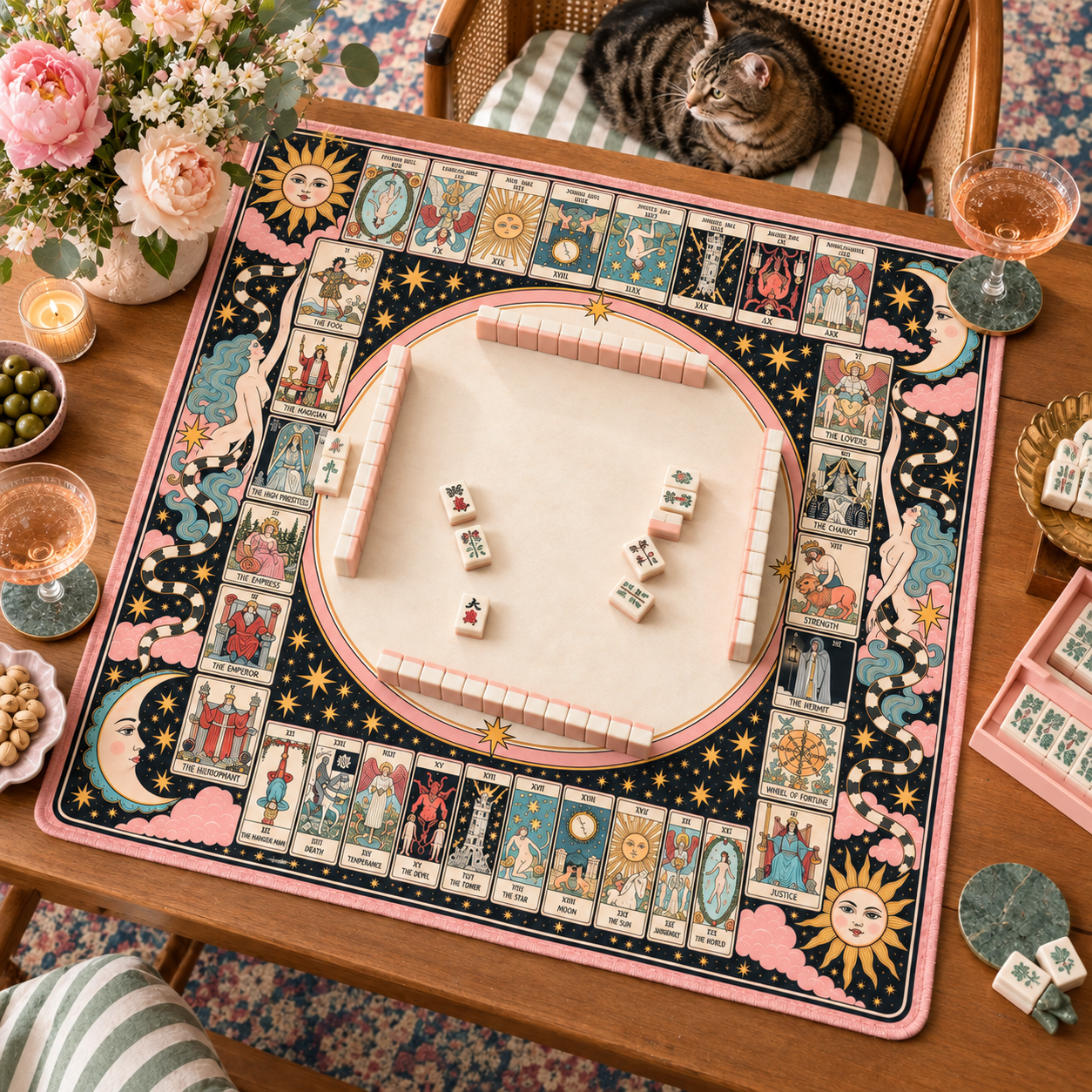 A tarot-themed mahjong mat set for a cozy game night